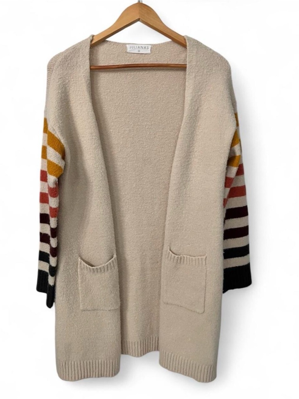 Juliana’s Women’s Medium Long Open Front Cardigan Striped Sleeves 33”